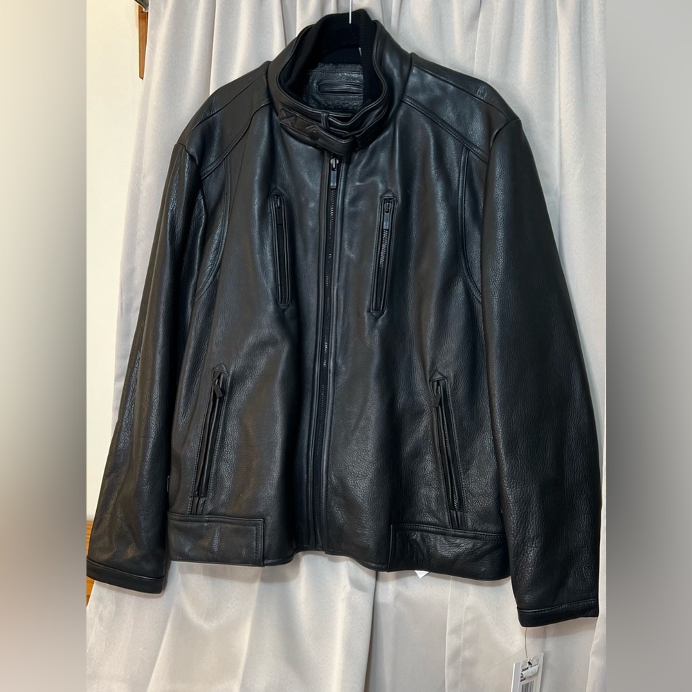 Men's Calvin Klein 100% Black Leather Moto Jacket Size XL